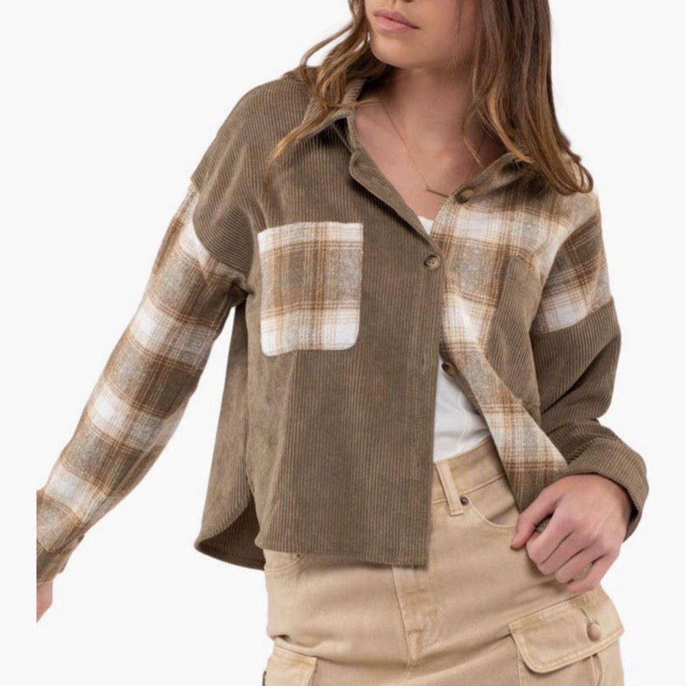 Blu Pepper Plaid Corduroy Crop Shacket